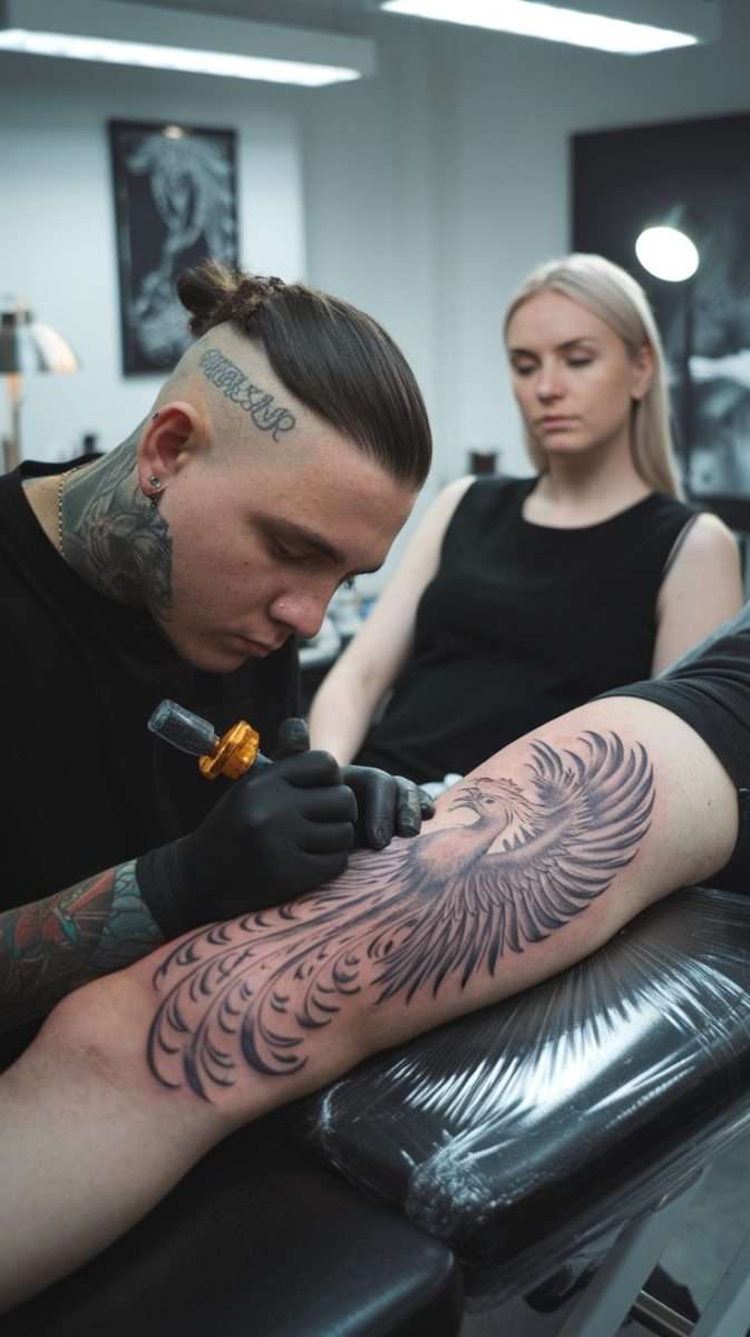 Tattoo artist working on a feminine rebirth phoenix tattoo on a client's arm