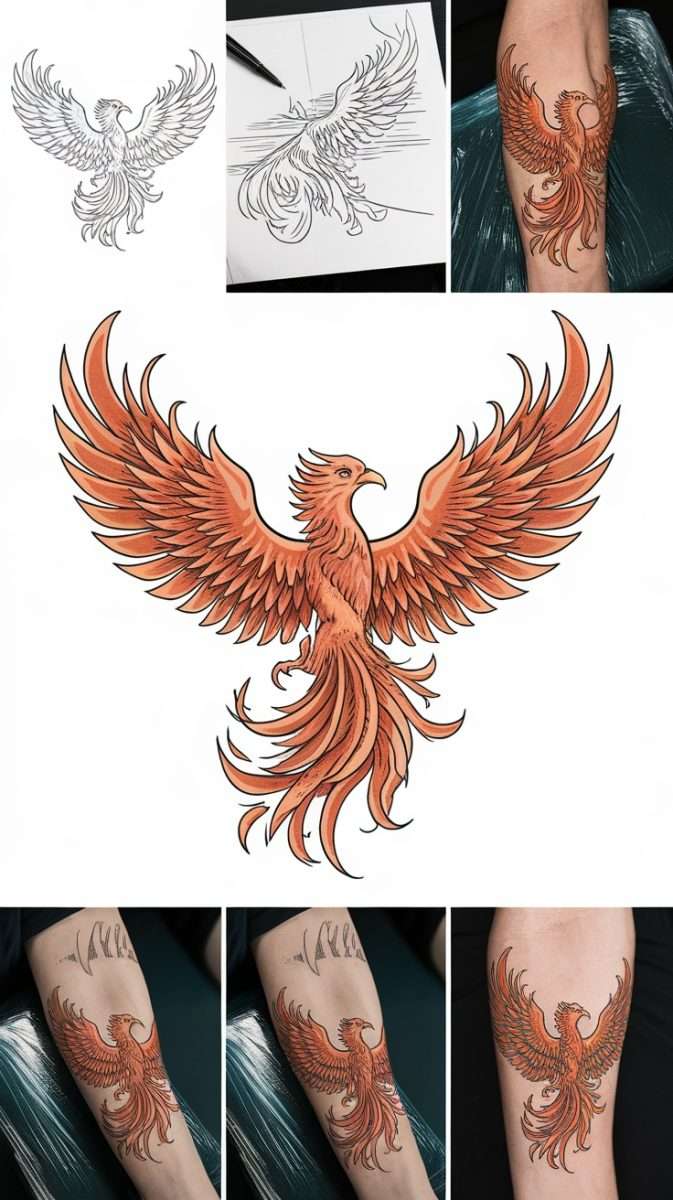 A collage showing the stages of a feminine rebirth phoenix tattoo, from sketch to final inked tattoo on an arm.